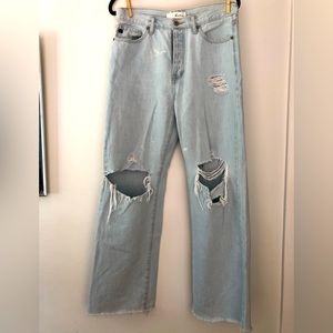Distressed Wide / Flare, Button fly, Light Wash Jeans